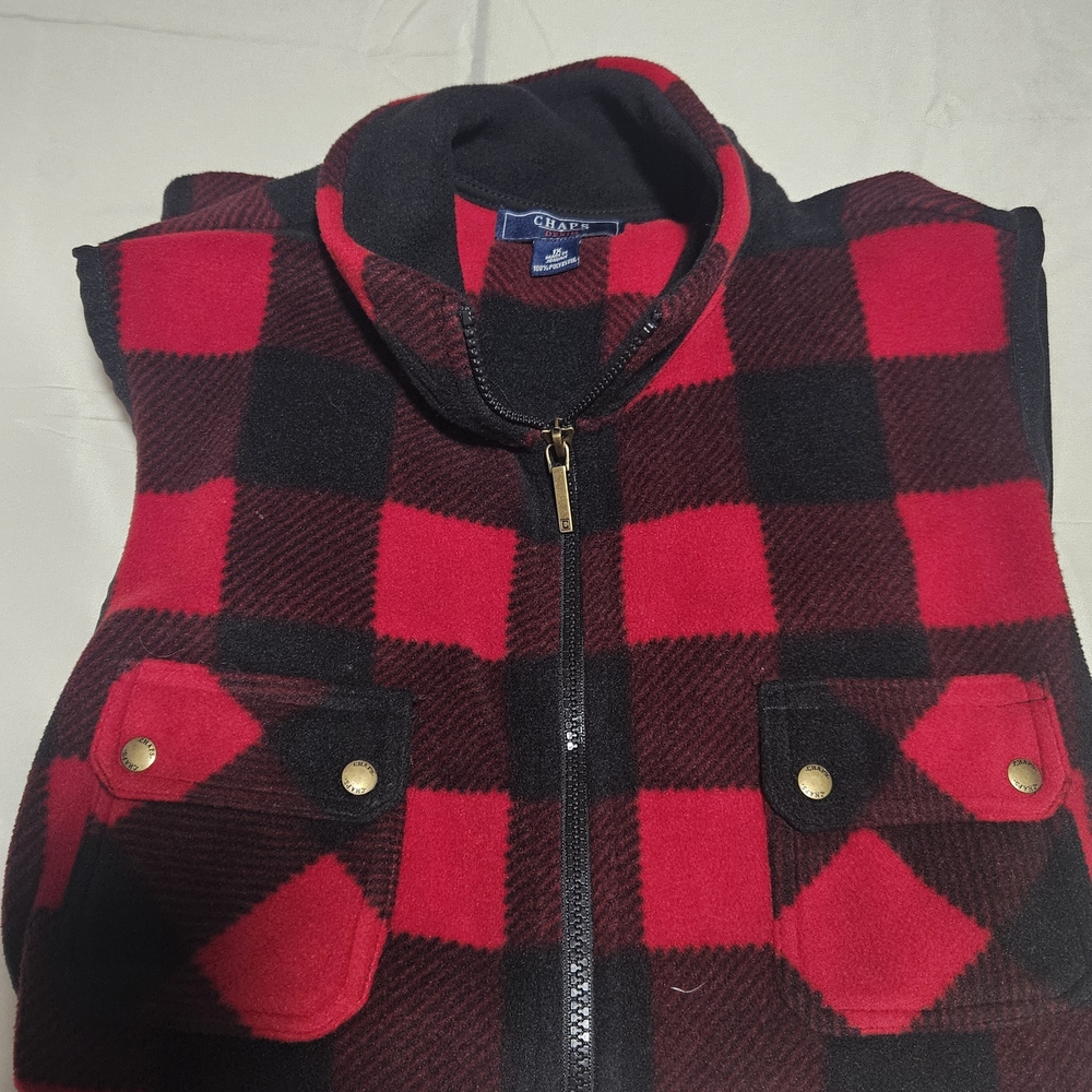 Chaps Denim Womens 1X Fleece‎ Vest Buffalo Plaid Red Black Full Zip Mock Neck